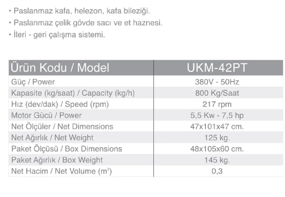 42 No Kıyma Makinesi - Paslanmaz - UKM-42PT