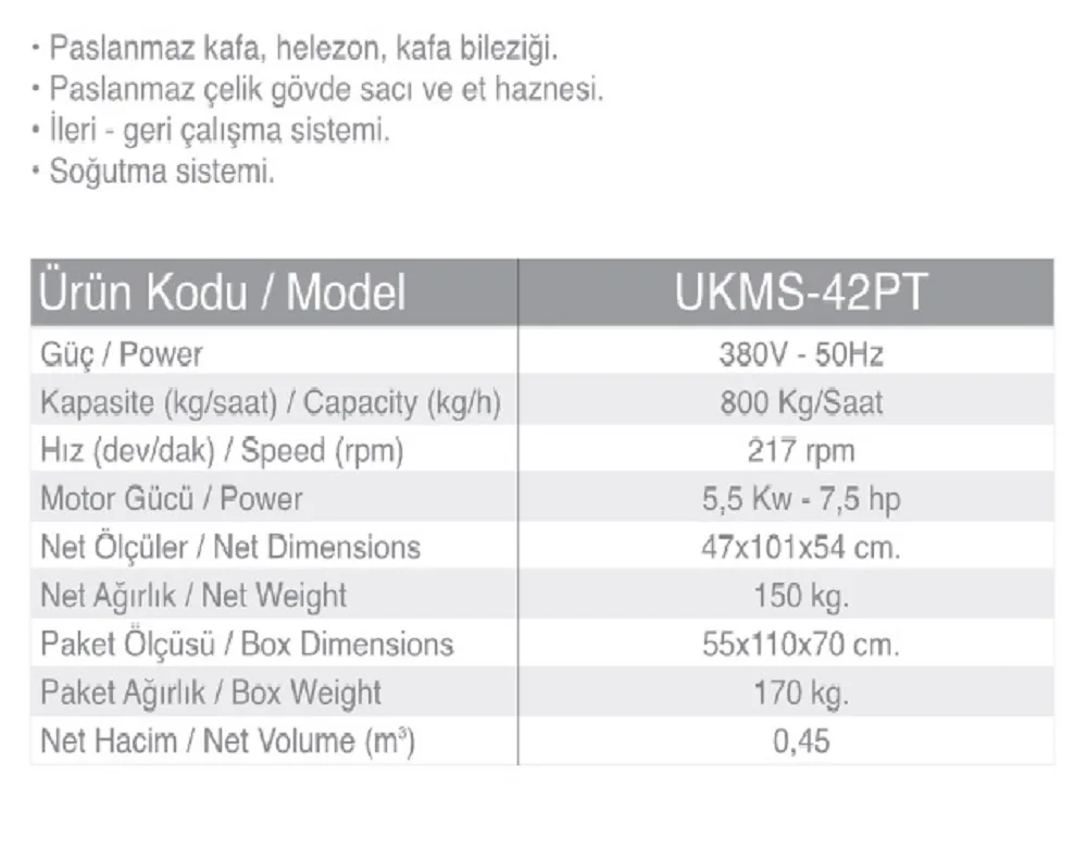 42 No Kıyma Mak. Soğutmalı - Paslanmaz - UKMS-42PT