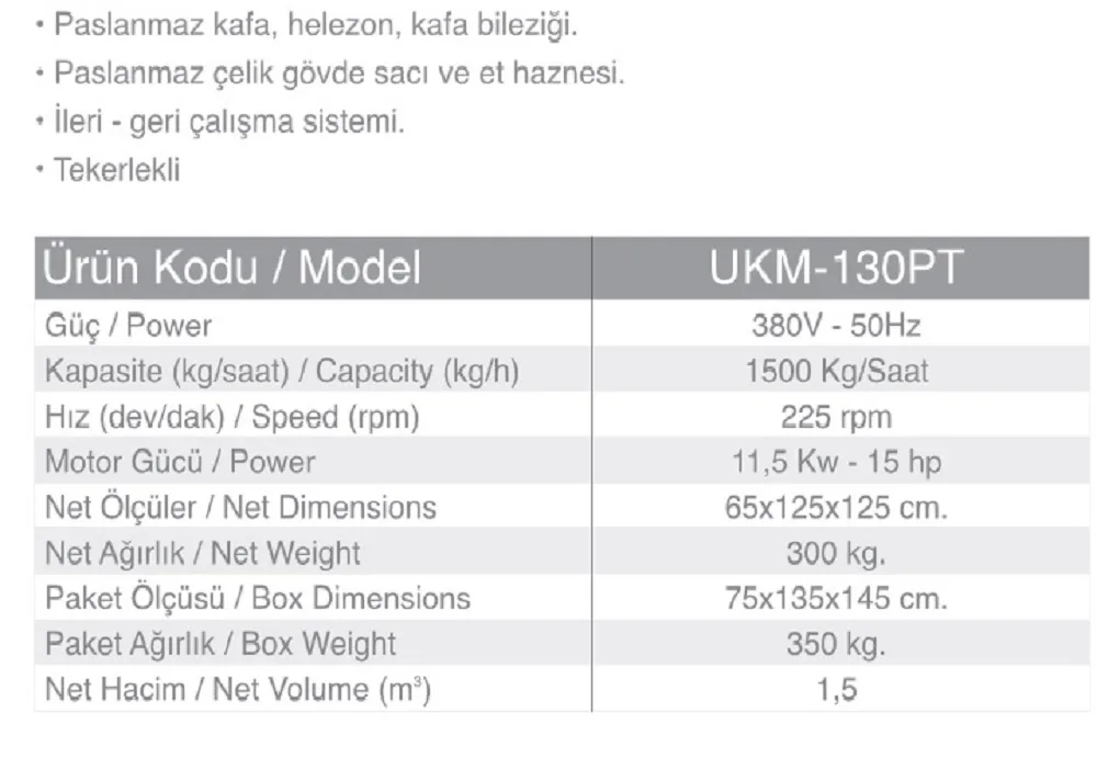 130 No Kıyma Makinesi - Paslanmaz - UKM-130PT