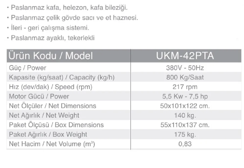 42 No Kıyma Makinesi - Paslanmaz - UKM-42PTA