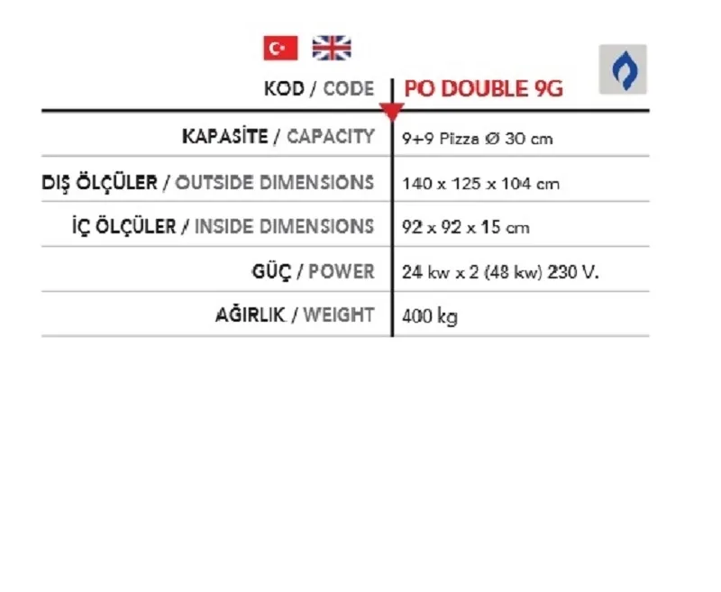 2 Katlı Gazlı Pizza Fırını, 2*( Ø 30*9 ad.) - PO DOUBLE 9G