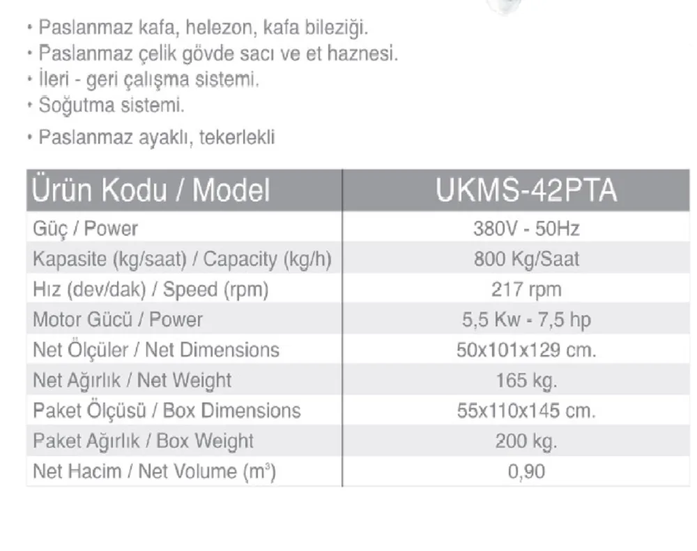 42 No Kıyma Mak. Soğutmalı - Paslanmaz - UKMS-42PTA