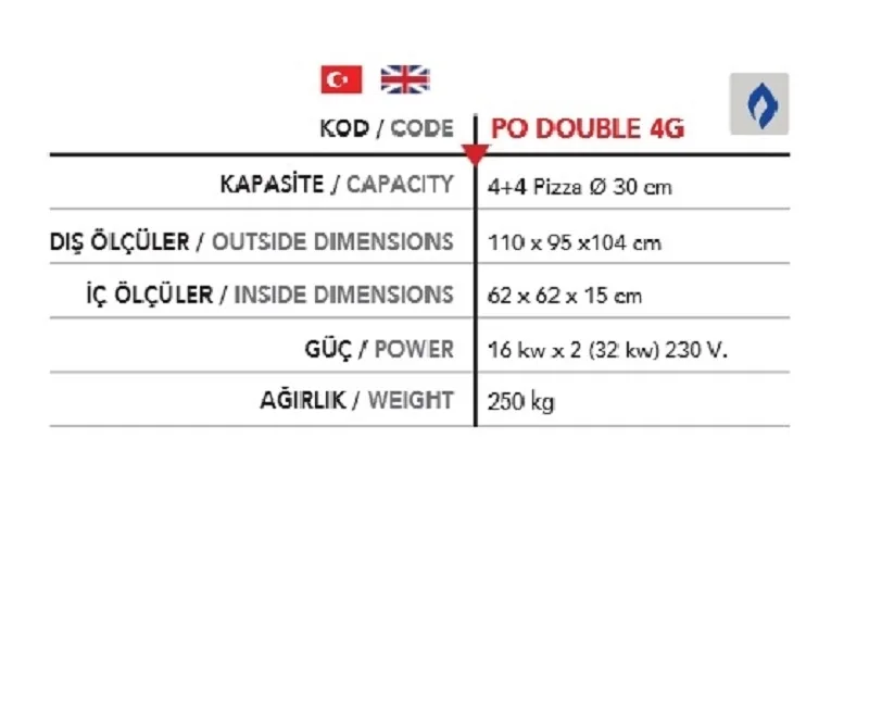 2 Katlı Gazlı Pizza Fırını, 2*( Ø 30*4 ad.) -  PO DOUBLE 4G