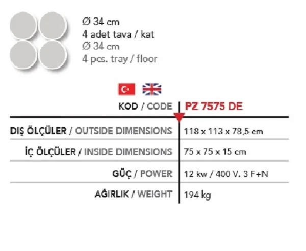 2 Katlı Pizza Fırını, 2*(Ø34*4 ad.) - PZ 7575-DE